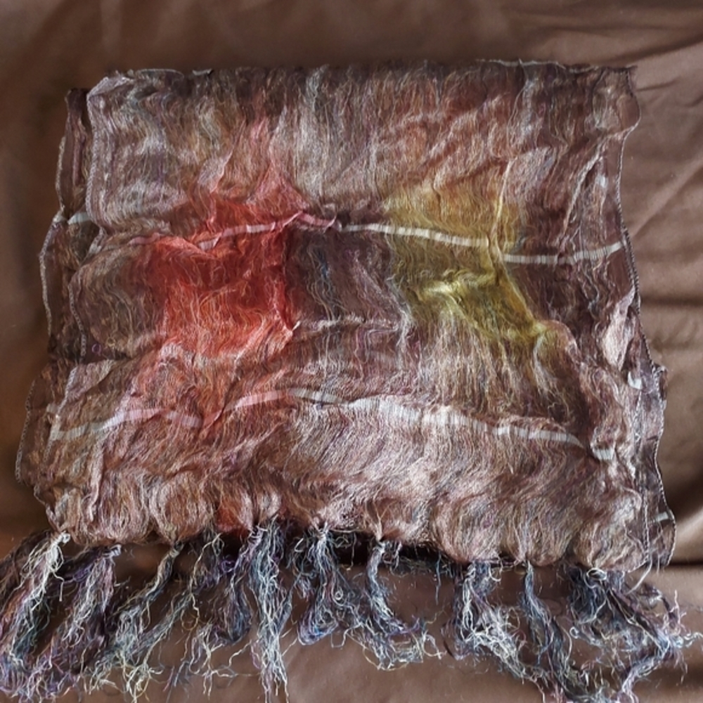 Colorful polyester scarf, brown, rust & gold